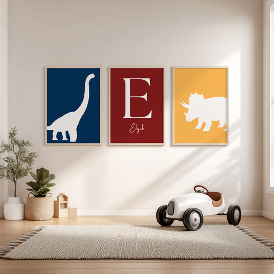Personalised Bright Dinosaur Prints With Name - Set of 3