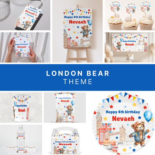 Personalised London Bear Bunting Theme Party Bundle