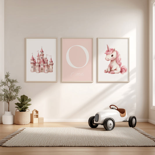 Personalised Pink Unicorn & Castle Prints - Set of 3