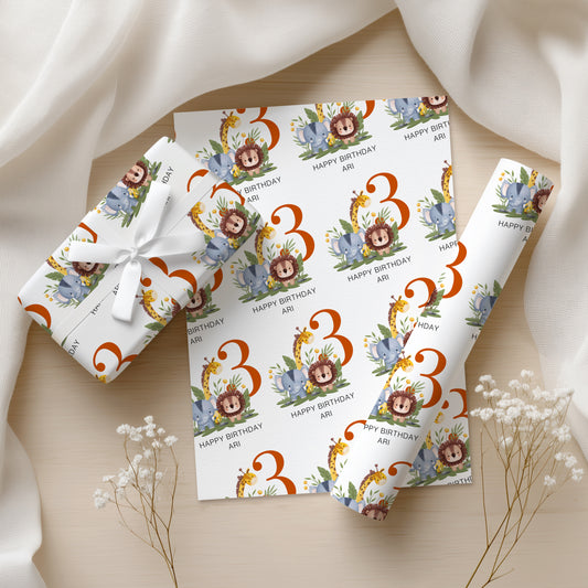 Personalised Age & Name Safari Animals Wrapping Paper
